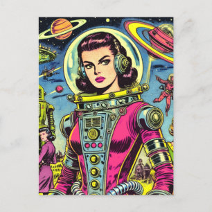 Astronaut Woman Vintage Sci-Fi-Tecknader Vykort
