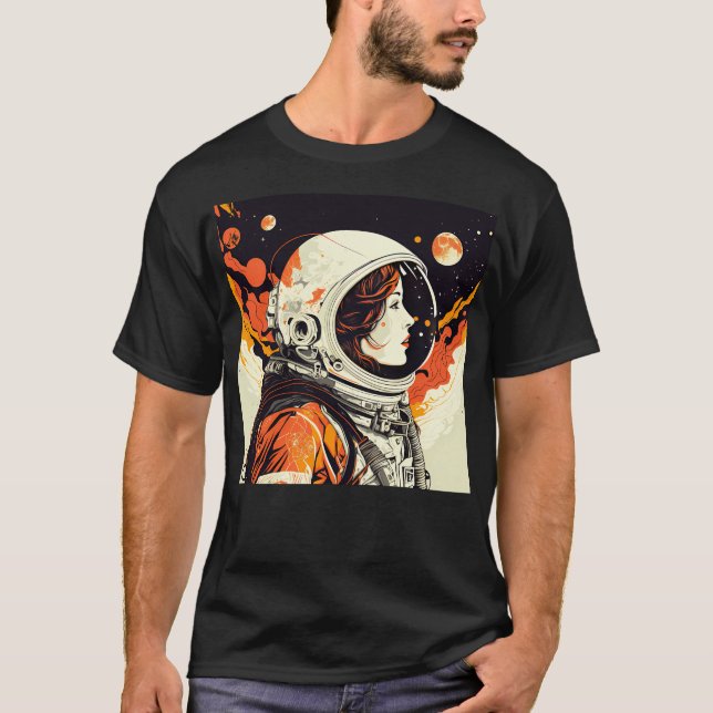 Astronaut Women Pop Art Space Nasa Retro Rainbow T Shirt (Framsida)