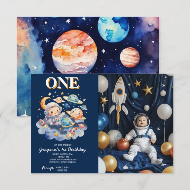 Astronaut Yttre Rymd Planeter Pojke 1-årsdag Inbjudningar (Fram/baksida)