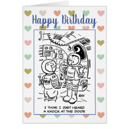 Astronauter i Space Tänka Det finns en Knock Teckn Hälsningskort