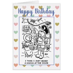 Astronauter i Space Tänka Det finns en Knock Teckn Hälsningskort
