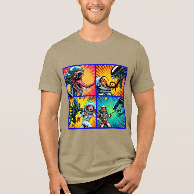 Astronauter mot Alien Pop Art T Shirt (Framsida)