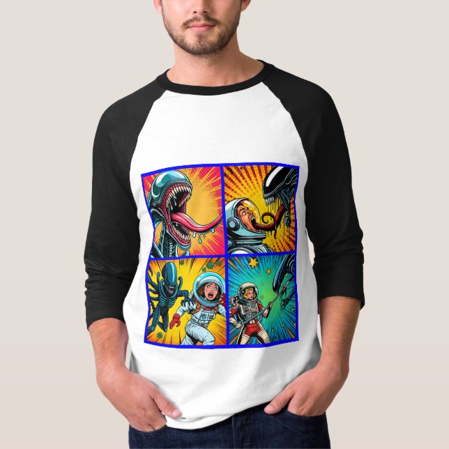Astronauter mot Alien Pop Art T Shirt (Framsida)