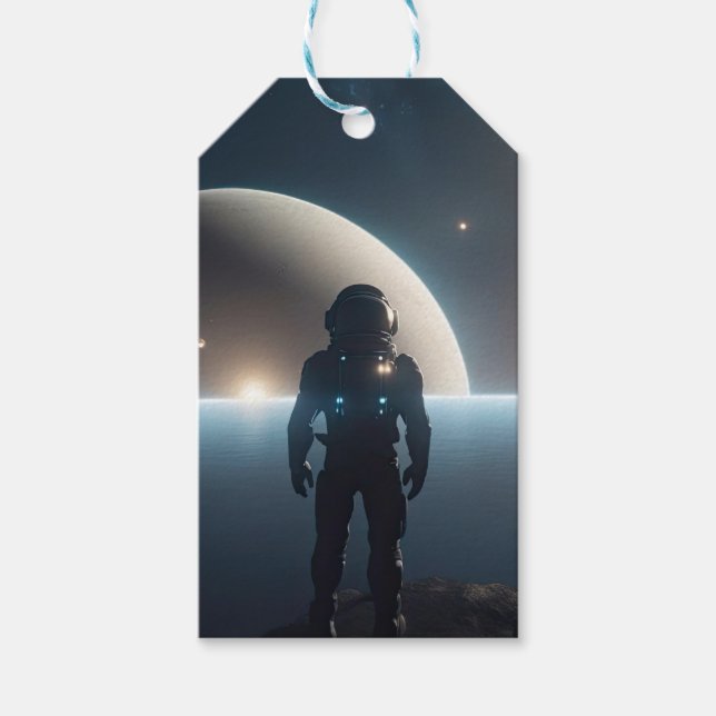 Astronauter som flyter i universum presentetikett (Framsidan)