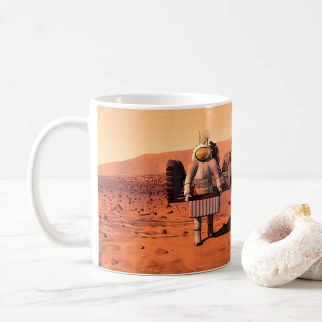 Astronauter som installerar väderutrustning på Mar Kaffemugg (Med munk)