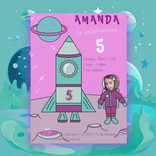 Astronautflicka Födelsedagsfest Infoga ditt ansikt Inbjudningar (Skapare uppladdad)