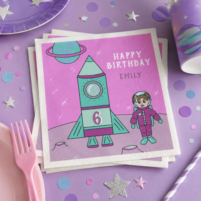 Astronautflicka och raketmåne rymdfödelsedag pappersservett (Skapare uppladdad)