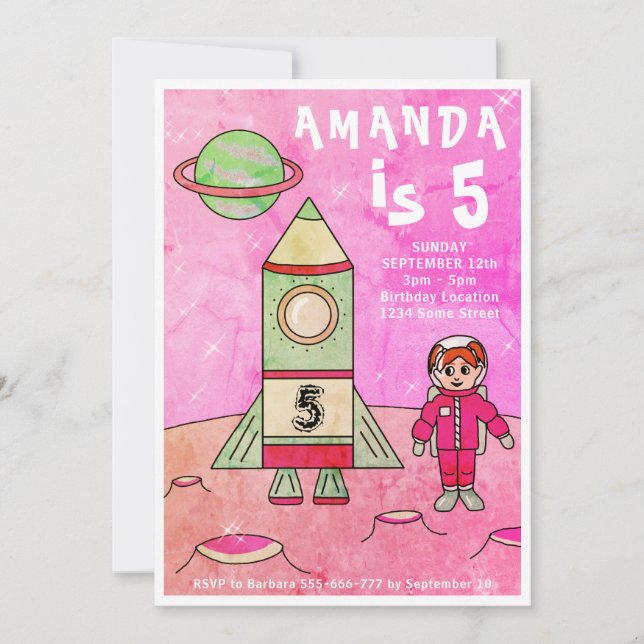 Astronautflicka Raketfartyg Rosa Födelsedagsfest Inbjudningar (Framsida)