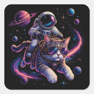 Astronautkatt som rider genom rymden fyrkantigt klistermärke