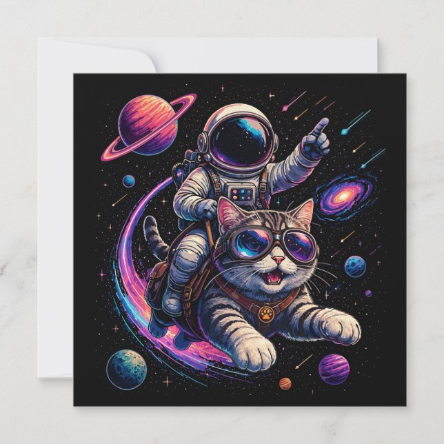 Astronautkatt som rider genom rymden inbjudningar (Framsida)