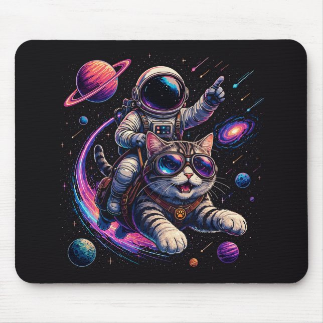 Astronautkatt som rider genom rymden musmatta (Framsidan)