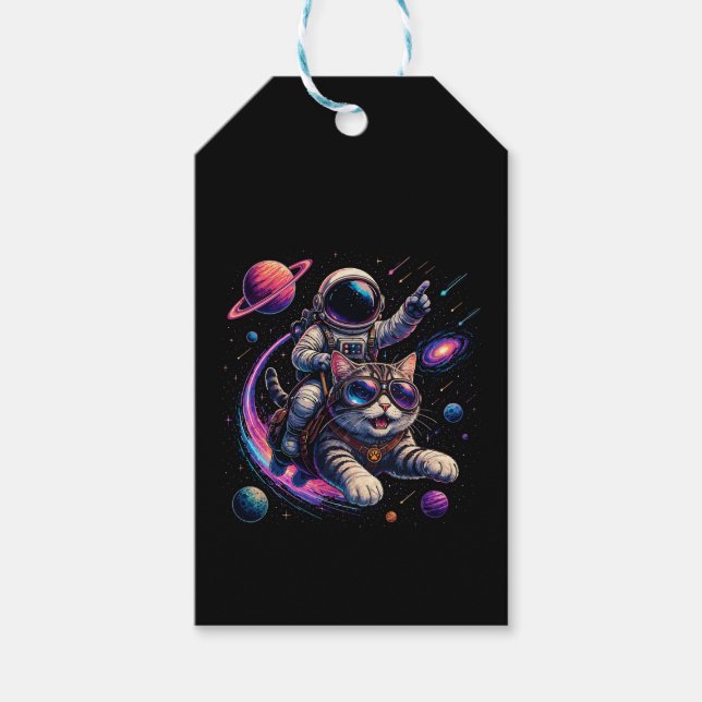 Astronautkatt som rider genom rymden presentetikett (Framsidan)