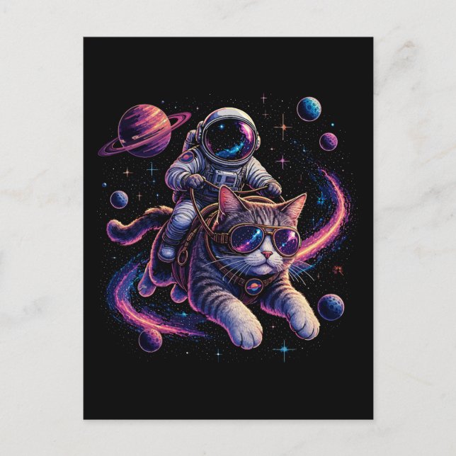Astronautkatt som rider genom rymden vykort (Framsida)