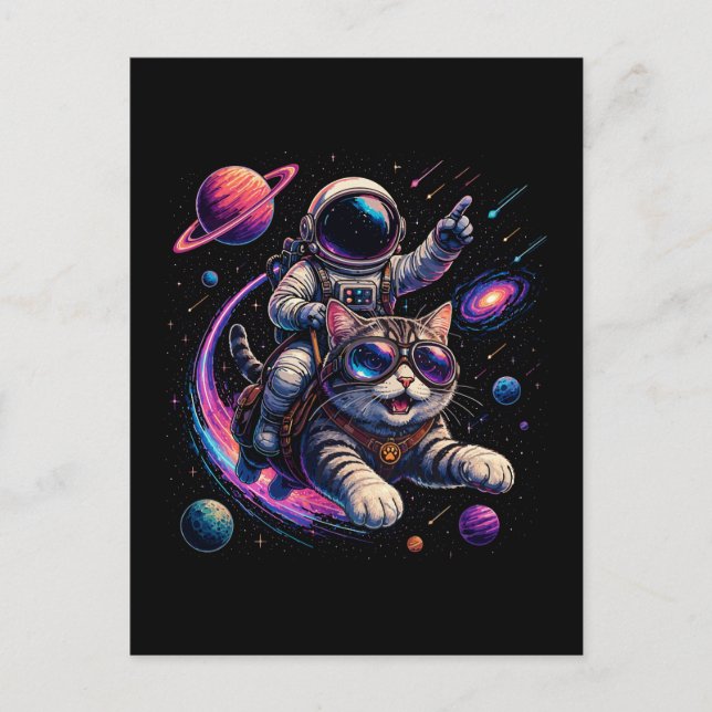 Astronautkatt som rider genom rymden vykort (Framsida)