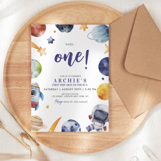 Astronautrymme 1:a Resa runt om i Sol Inbjudningar (1st trip around the sun themed watercolor illustration birthday invitation party invite template )