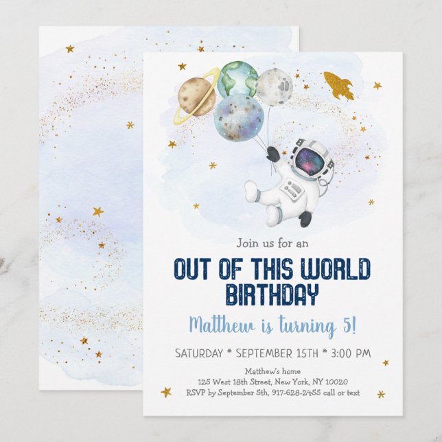 Astronautrymme ut ur denna världsfödelsedag inbjudningar (Fram/baksida)