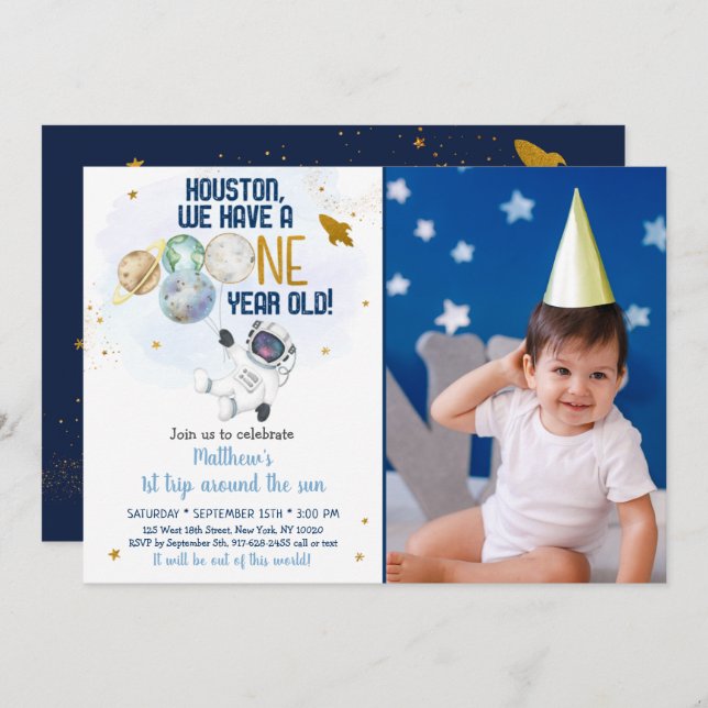 Astronautrymmet första Resa runt Sol-födelsedagen Inbjudningar (Fram/baksida)
