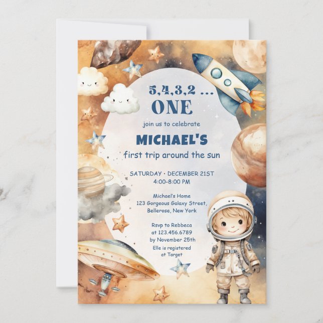Astronautrymmet första Resa runt Sol-födelsedagen Inbjudningar (Framsida)