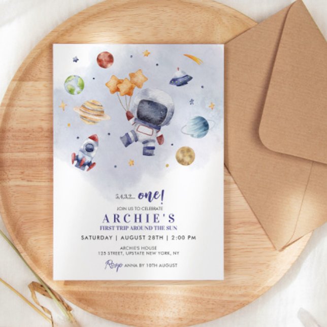 Astronautrymmet första Resa runt Sol-födelsedagen Inbjudningar (astronaut birthday invitations boy 1st birthday invitation template galaxy)