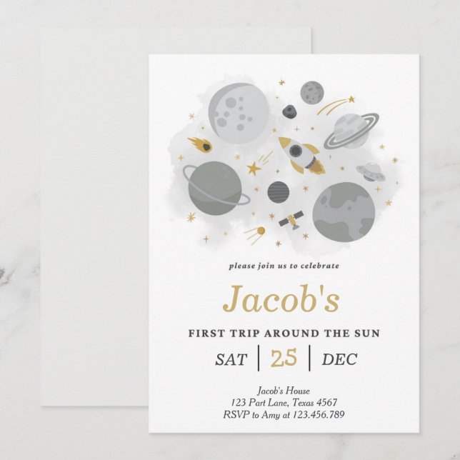 Astronautrymmet första Resa runt Sol-födelsedagen Inbjudningar (Fram/baksida)