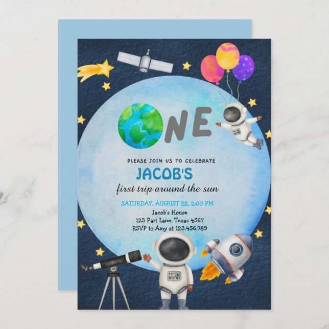 Astronautrymmet första Resa runt Sol-födelsedagen Inbjudningar (Fram/baksida)