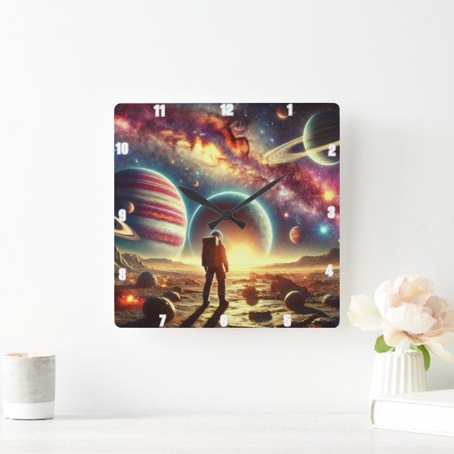 Astronautundersökning Vibrant Galactic Scenery Fyrkantig Klocka (Hem)