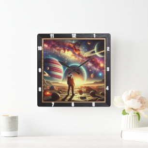 Astronautundersökning Vibrant Galactic Scenery Fyrkantig Klocka