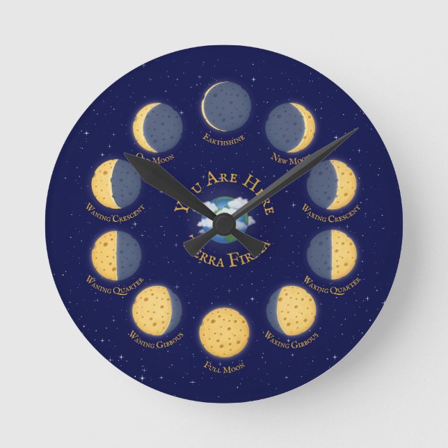 Astronomi för ostar Måne Whimsical Lunar Phases Di Rund Klocka (Framsida)