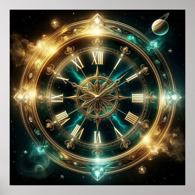 Astronomisk klocka med gyllene präglingar poster (Framsidan)