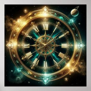 Astronomisk klocka med gyllene utsmyckningar poster