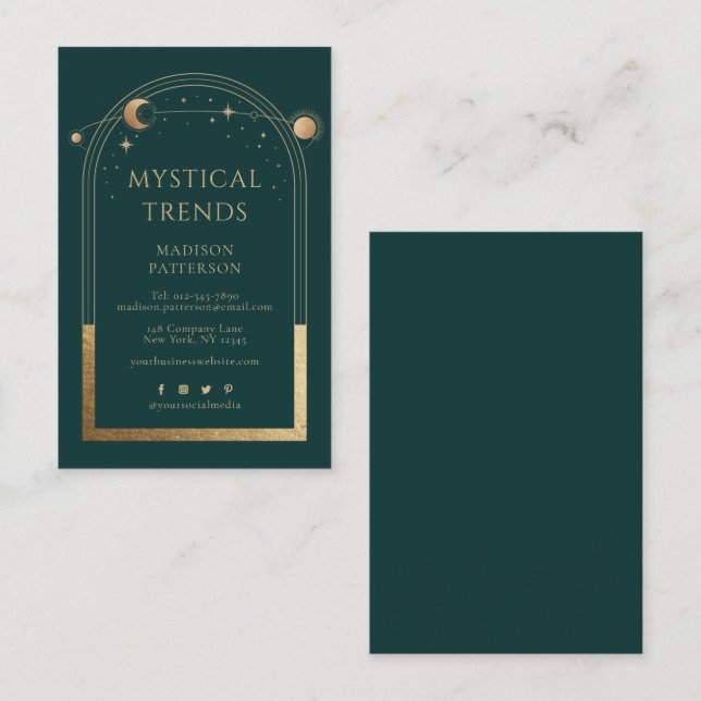Astronomiutrymme i Grönt vid Guld Sol Måne Visitkort (Fram/baksida)