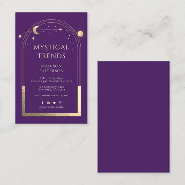 Astronomiutrymme i Lila Guld Måne vid Sol Visitkort (Fram/baksida)