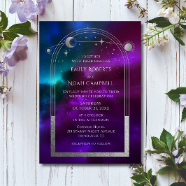 Astronomiutrymme i Lila Teal Silver Sol Måne Inbjudningar