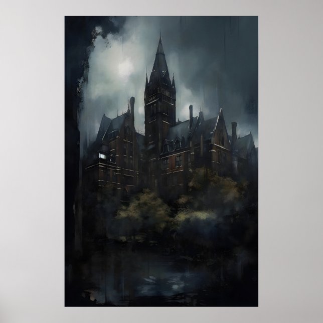 Asyl gotisk arkitektur väggkonst, dyster olja poster (Framsidan)