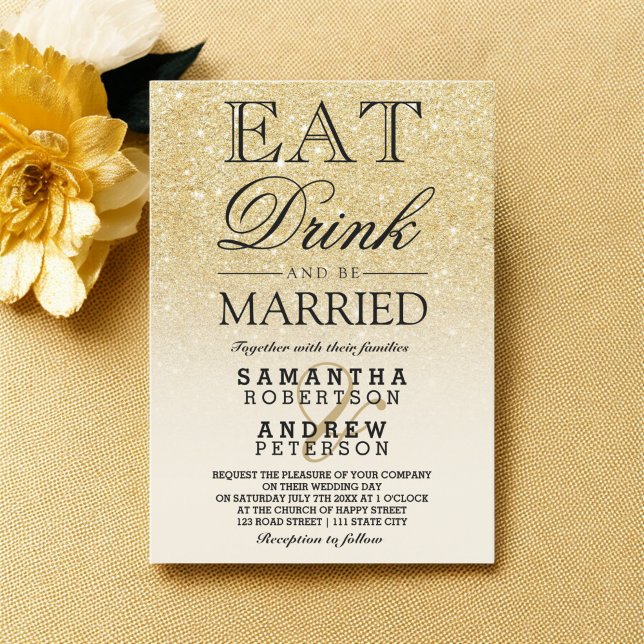 Ät bröllop i elfenbenstorn i Faux guld glitter Inbjudningar (Faux gold glitter ivory ombre eat drink wedding invitation)