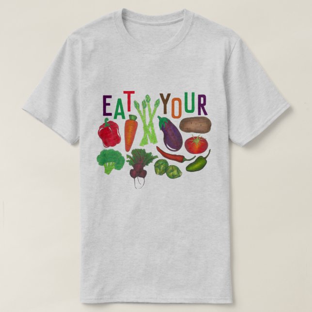 Ät dina grönsaker Carrot Tomato Broccoli Pepper T Shirt (Design framsida)