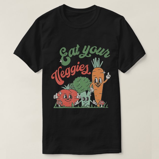 Ät dina Veggies Retro 90-tal Stil Vegetable Funny  T Shirt (Design framsida)