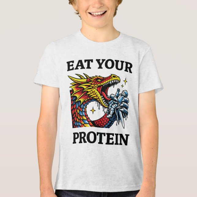 Ät Ditt Protein – Episk Drakätande Riddare T Shirt (Framsida)