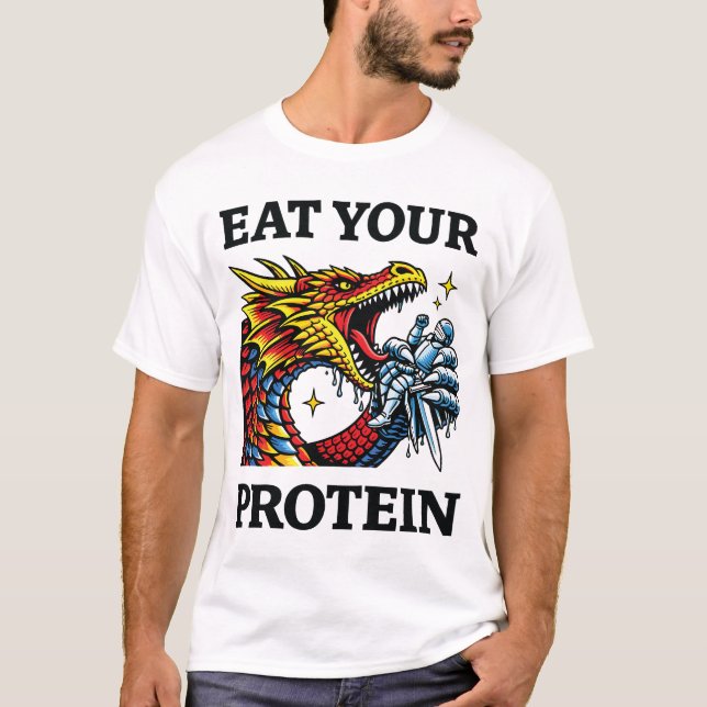 Ät Ditt Protein – Episk Drakätande Riddare T Shirt (Framsida)