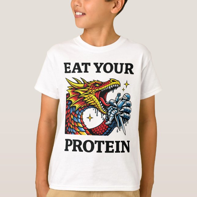 Ät Ditt Protein – Episk Drakeätande Riddare T Shirt (Framsida)