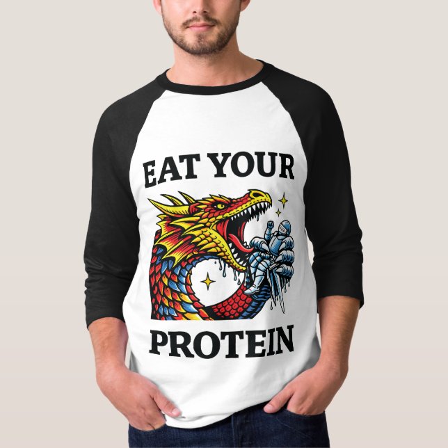Ät Ditt Protein – Episk Drakeätande Riddare T Shirt (Framsida)