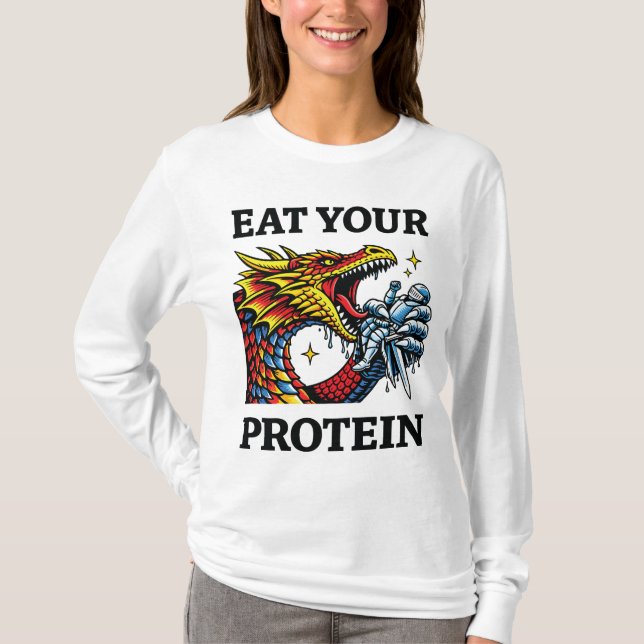 Ät Ditt Protein – Episk Drakeätande Riddare T Shirt (Framsida)