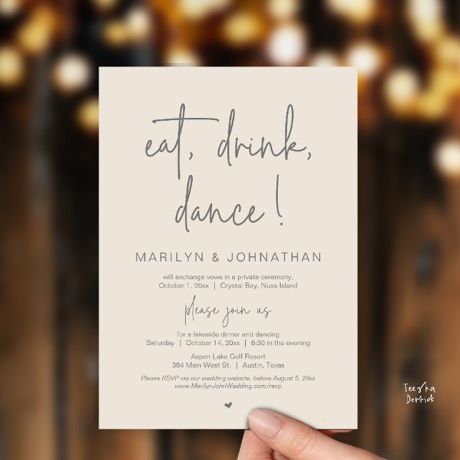 Ät, drick, dansa, bröllopsflykt middag fest  inbjudningar (Eat, Drink, Dance, Wedding Elopement Dinner Party Invitation Card in Warm Cream Grey)