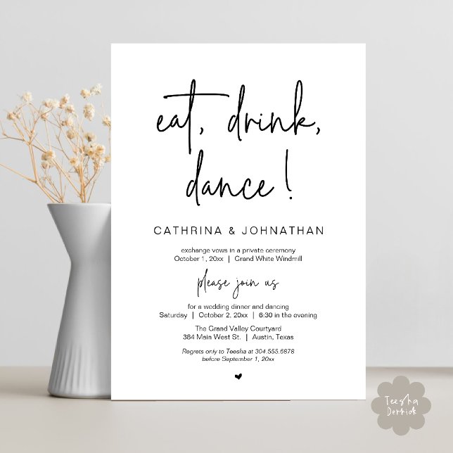 Ät, Drick, Dansa Elegant Bröllopsflykt Middag Inbjudningar (Eat, Drink, Dance Elegant Wedding Elopement Dinner Invitation Card in Black and white)