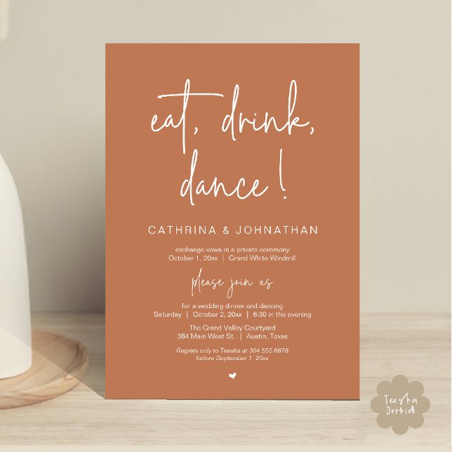 Ät, Drick, Dansa, Elegant Kopparbrun Bröllopsflykt Inbjudningar (Eat, Drink, Dance Elegant Wedding Elopement Dinner Invitation Card in Copper Brown Terracotta)