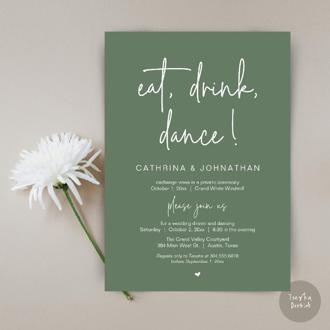 Ät, Drick, Dansa, Elegant Ljust Grön Mottagning Inbjudningar (Eat, Drink, Dance Elegant Wedding Elopement Dinner Invitation Card in Sage Green)