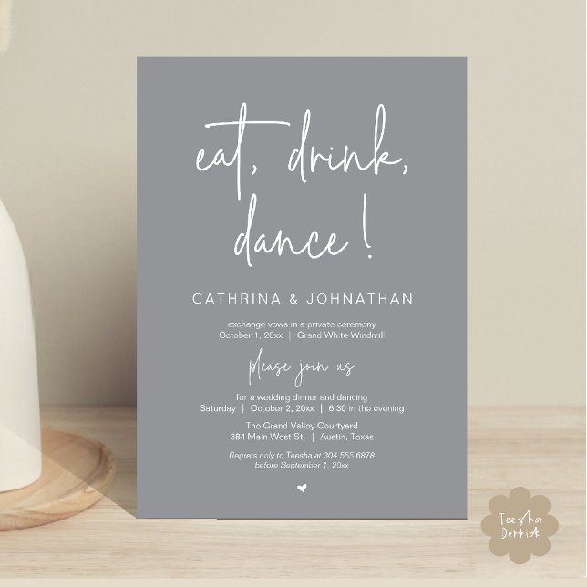 Ät, Drick, Dansa, Elegant Mörkgrå Bröllop på Flykt Inbjudningar (Eat, Drink, Dance Elegant Wedding Elopement Dinner Invitation Card in Dark Grey)