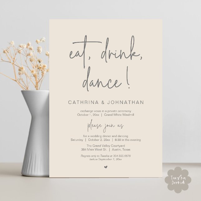 Ät, Drick, Dansa, Elegant Mörkgrå Bröllop på Flykt Inbjudningar (Eat, Drink, Dance Elegant Wedding Elopement Dinner Invitation Card in Dark Grey and Cream)