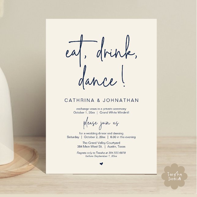 Ät, Drick, Dansa, Elegant Navyblå Bröllopslöftecer Inbjudningar (Eat, Drink, Dance Elegant Wedding Elopement Dinner Invitation Card in Navy Blue and Ivory)
