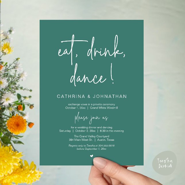 Ät, Drick, Dansa, Elegant Tealgrön Elopement Inbjudningar (Eat, Drink, Dance Elegant Wedding Elopement Dinner Invitation Card in Teal Green)